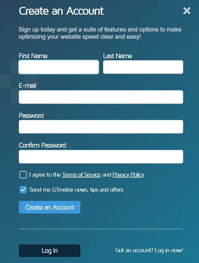 gtmetrix - signup